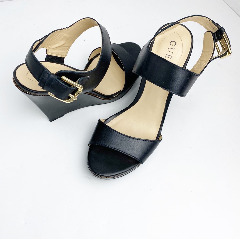 GUESS Jasminn Leather Upper Black Open Toe Wedge Sandals 8.5 Wedding Brunch